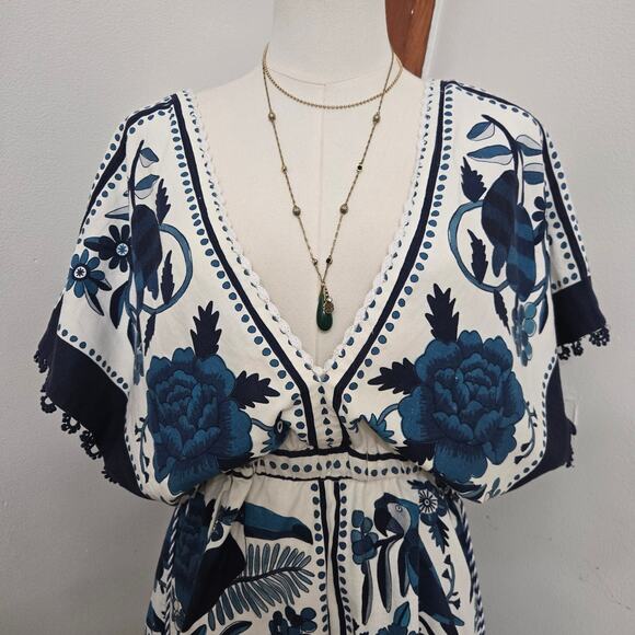 Farm Rio Tropical Tiles Mini Dress M Beaded Tassels Beachy Boho Cottage Hippie - Picture 2 of 12